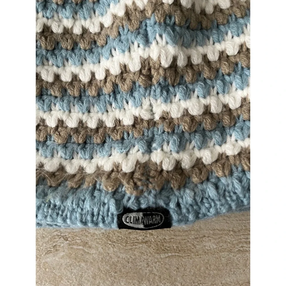Adidas Beanie Mens OS Blue Striped Crochet Knit Fleece Lined ClimaWarm